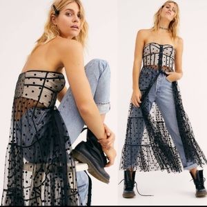 Free People black and white polka dot partially sheer button down maxi dress szS